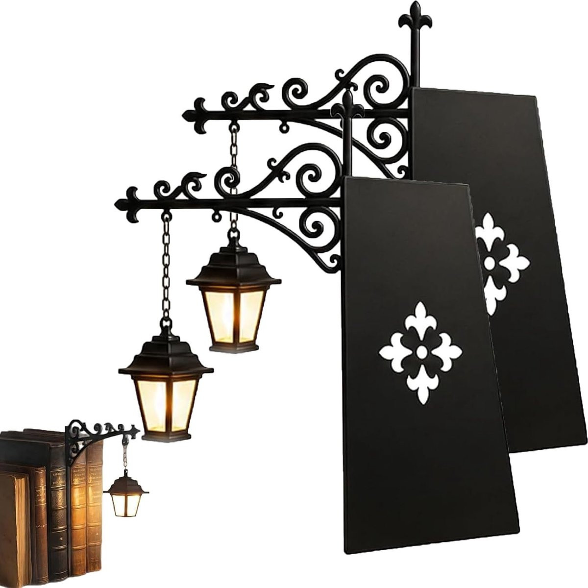 Set van 2 PZCC Bibliotheeklantaarns - Decoratieve Boekensteun met Lamp in Retro Design - Metalen Boekenstandaard voor Lezers
