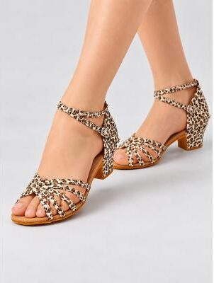 LightInthebox Girl's Latin Dance Shoes with Tan Satin Upper, Open Toe Multi-Strap Design, Ankle Buckle Low Block Heel, Ballroom Salsa Practice Shoes for Class, Performance and Competition