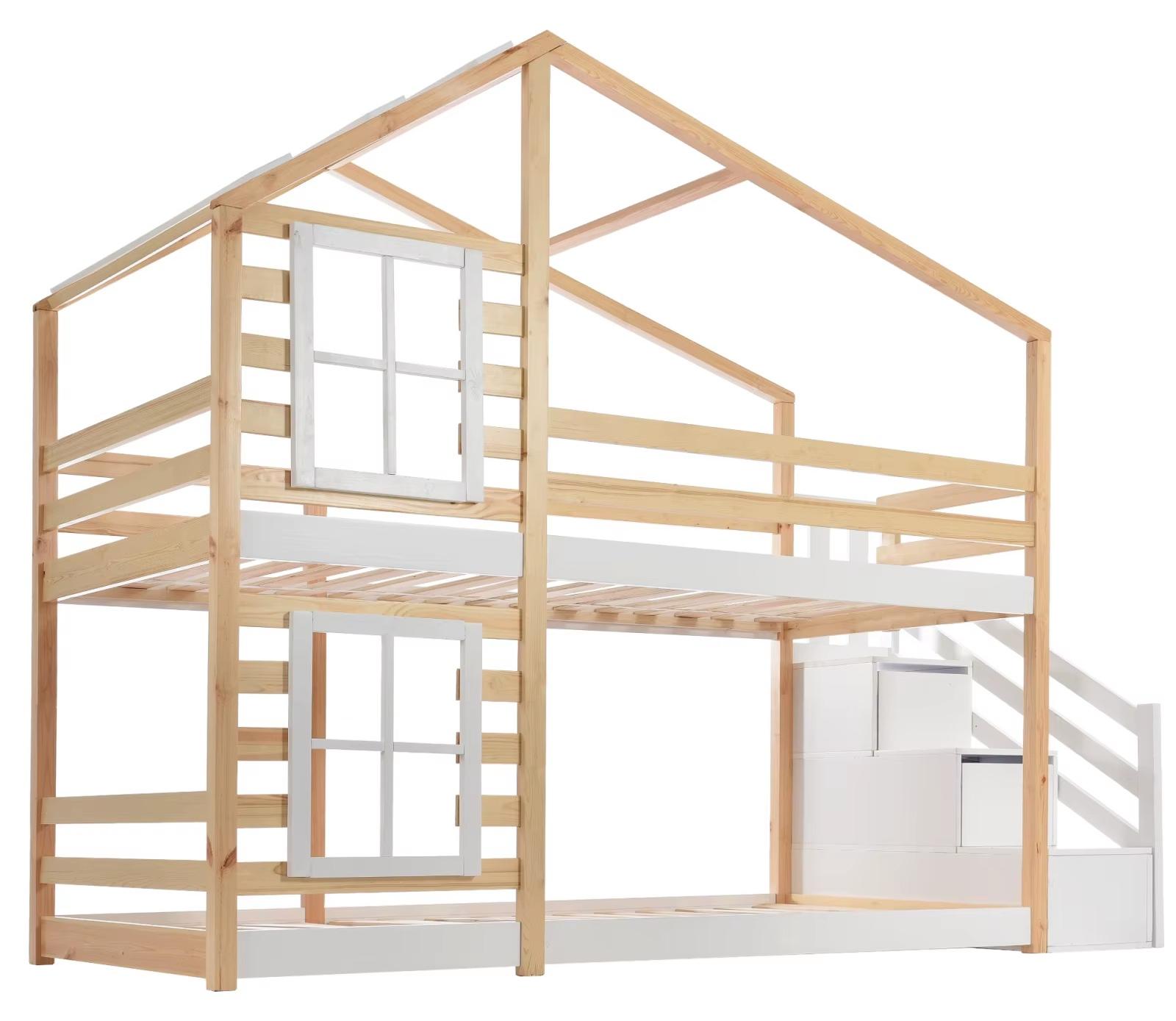 Kinderbett - Etagenbett im Hüttenstil - Matratzengröße 90 x 200 cm - Kiefer und MDF - Weiß - Ohne Stauraum - Matratze nicht enthalten