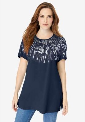 Plus Size Women's Embellished Tunic with Side Slits by Roaman's in Navy Sequin Burst (Size 14/16) Long Shirt