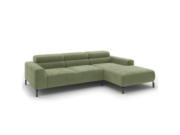 Ecksofa Longchair opt Funktion Grün Cordstoff Catia 258cm Longchair davorstehend rechts Kopfstütze verstellbar