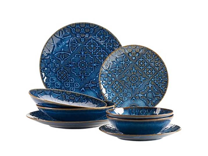 MÄSER 935078 Serie Tiles Modernes Vintage Geschirr Set für 2 Personen in maurischem Design, 8-teiliges Tafelservice mit Tellern und Schalen aus hochwertiger Keramik, Steinzeug, Blau
