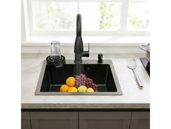 Évier de cuisine moderne noir avec robinet extractible, couvercle de vidange, distributeur de savon, évier multifonctionnel en acier inoxydable 201