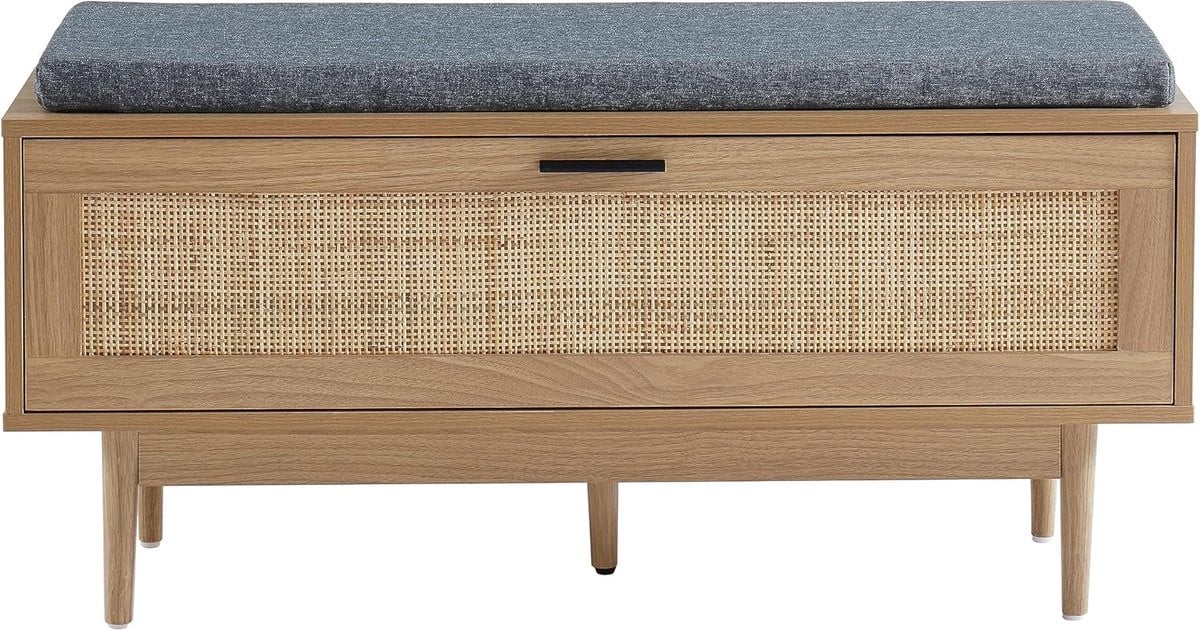 Retro opbergbank met deksel en inklapbare stoel, uitgevoerd in rattan en textiel, grijs/antraciet/bruin