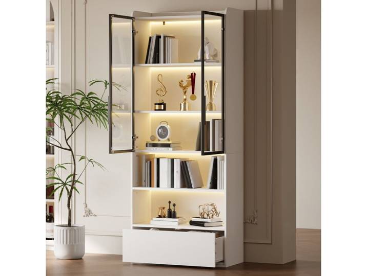 Vitrine Haute En MDF Blanc Meuble Vitrine Moderne FloraGrace Pour Salon Et Sejour Avec LED Et 1 Tiroir 80x34x180cm