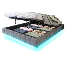 OKWISH Modernes Polsterbett 180x200 cm Grau mit LED Lichtleiste Schwebeoptik Luftdruck Stauraum stabiler Metallrahmen Leinenstoff Doppelbett