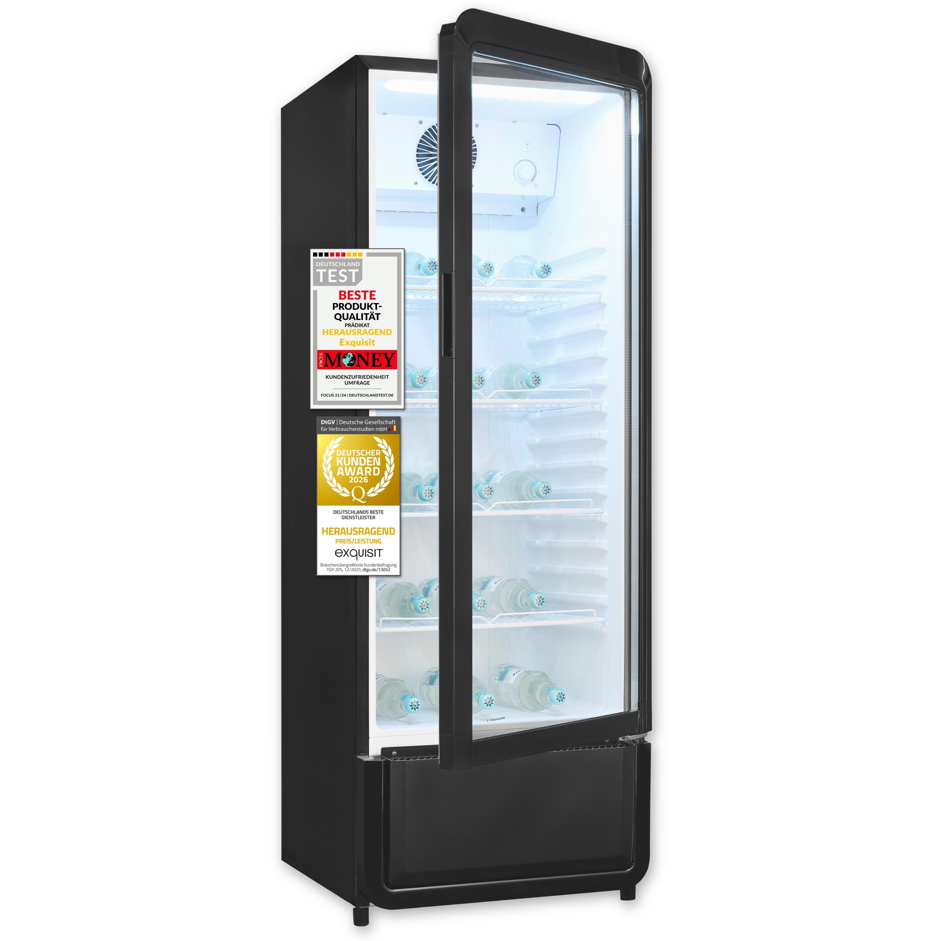 Exquisit Glastürkühlschrank GKS220-GT-431D schwarz | 240 l Nutzinhalt | No Frost | 1-10 °C | Standgerät