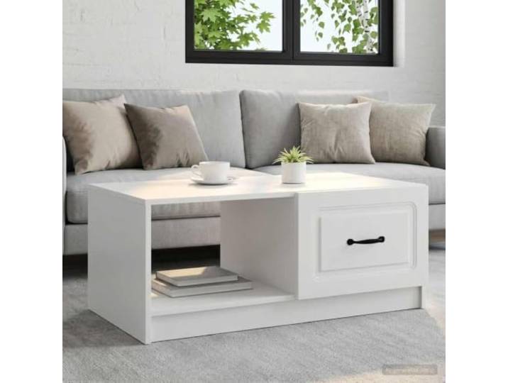 Couchtisch Weiß 90 x 50 x 37 cm Holzwerkstoff mit Schwenktüren und Stauraum Weiße Holzwerkstoffplatte, 90-Grad-Schwenktüren, schwarze Stangengriffe, großzügiger Stauraum, pflegeleichte Oberfläche