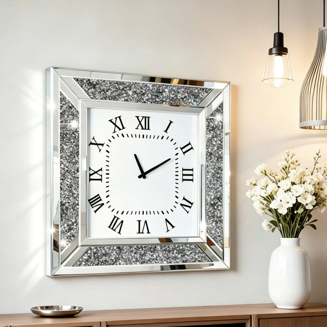 Blue Elephant 60cm Silver Mirrored Glass Square Wall Clock Silver 60cm W X 60cm H X 5cm D