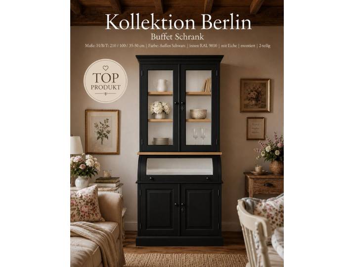 Wohnpalast Buffet Buffet Schrank Berlin 100 cm schwarz- weiß mit Eiche Landhaus- Stil