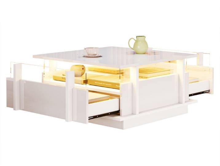 SeedWave Couchtisch Quadratischer Sofatisch 70cm mit LED-Beleuchtung, 2 Schubladen, offene Ablage, seitige Acrylplatten für Rausfallschutz