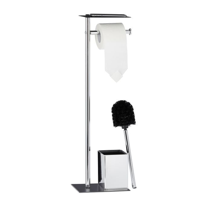 Relaxdays WC garnituur met toiletborstel en plateau, vrijstaand, zwart-zilver, H x B x D: 66,5 x 20 x 13,5 cm
