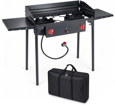 Costway 2 Burner Propane Gas Stove 150,000 BTU Portable Outdoor Cooker with Windscreen-Black