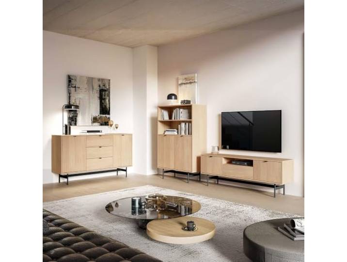 Lomadox Wohnzimmer-Set 3-teilig in Eiche mit schwarzem Fußgestellen inkl. Sideboard, Highboard & Lowboard