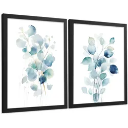 POSTER 2er-Set Wandbilder Blumen Aquarell modern Wohnzimmer Deko, Schlafzimmer, Küche, Badezimmer Schwarzer Rahmen A3