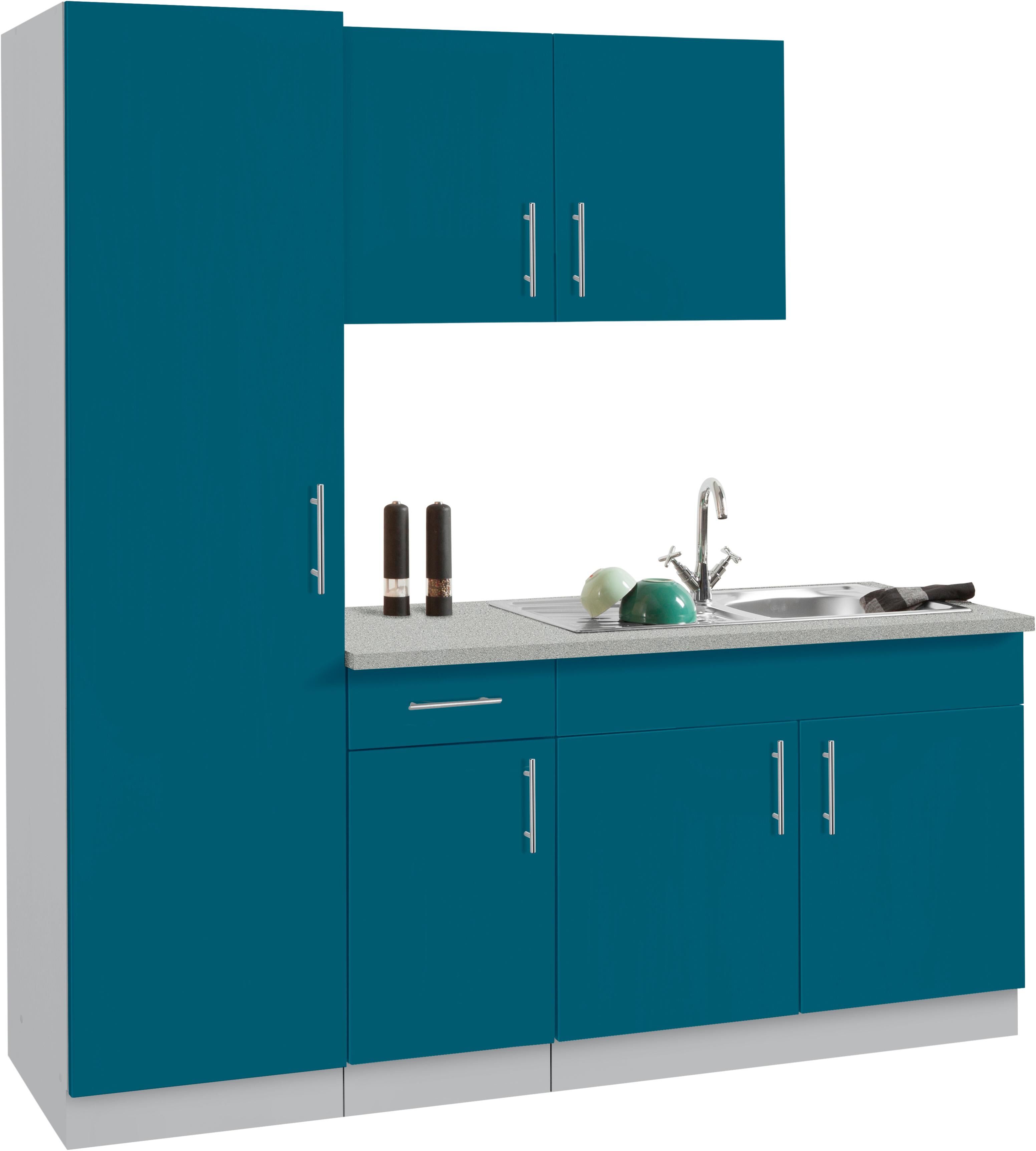 Küche WIHO KÜCHEN "Kiel", blau (küche: blau, front: ocean, korpus: steel grau farben, arbeitsplatte: canvas grau), B:190cm T:60cm, Komplettküchen-Sets, Küche, ohne E-Geräte, Breite 190 cm, Tiefe 60 cm küche: blau, front: ocean, korpus: steel grau farben, 
