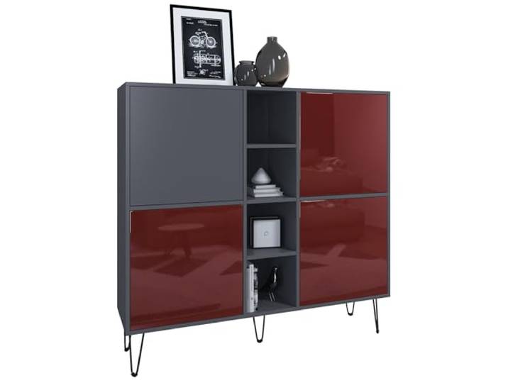 Vladon Highboard Havana V3, Kommode mit 4 Türen und 4 offene Fächer, Kommode Made in Germany, Anthrazit matt/Bordeaux Hochglanz (130,5 x 124 x 35 cm)