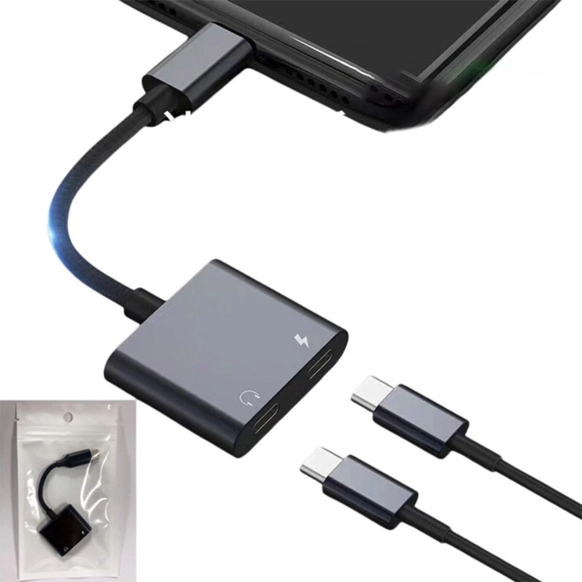 INF Type-C zu USB-C PD60W Zwei-in-Einem Adapterkabel mit DAC-Audioausgang, ABS+TPE, Grau