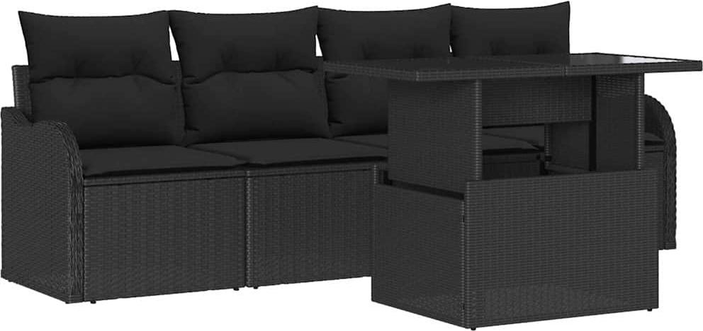 Poly-Rattan Loungesofa-Set, 5-teilig, modular, höhenverstellbarer Tisch, 4 Sitzplätze, UV-beständig, Stauraum, Schwarz