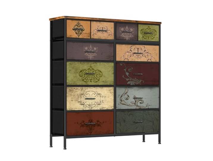 Wuynn Hohe Kommode mit 12 tiefen Stauraum-Schubladen, Stoff-Kommode als Fernsehunterschrank, Vintage Nachttisch mit Holzplatte für Schlafzimmer, Kinderzimmer Wohnzimmer