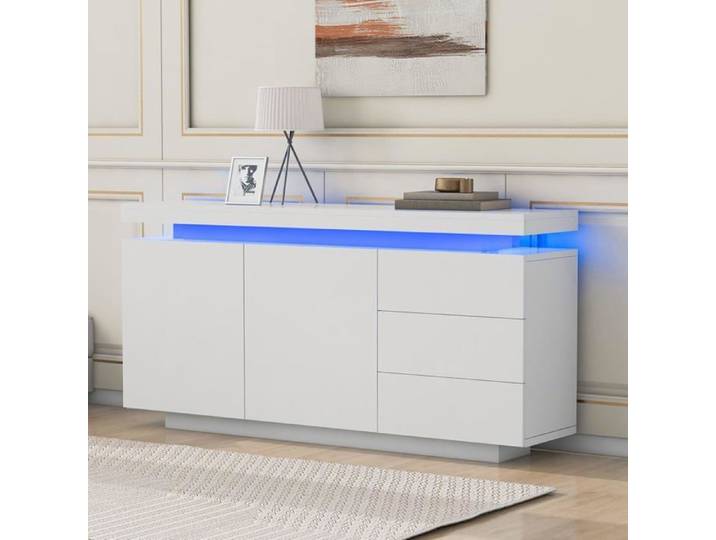 Commode Meuble Haut Buffet 2 Portes 3 Tiroirs Buffet Meuble de Salon Moderne Rangement Buffet avec Lumière LED 140x35x72.5cm -