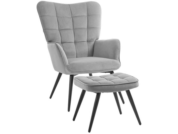 Redom Ohrensessel-Set mit Hocker hohe Rückenlehne, Stahlgestell 73/77,5/98 cm Hellgrau, Metall, 77.5x98x73 cm, Wohnzimmer, Sessel, Ohrensessel