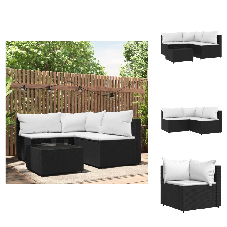 vidaXL 4-tlg. Garten-Lounge-Set mit Kissen Schwarz Poly Rattan - Gartensofas