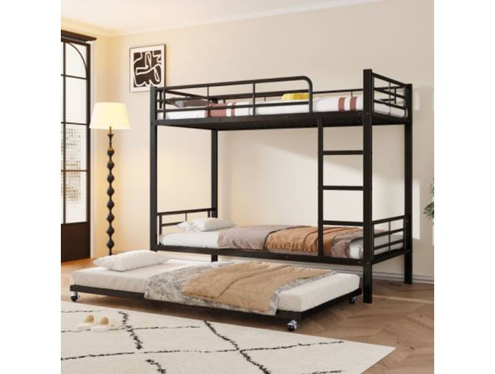 Lit superposé 90x190/200cm Lit adolescents avec lit gigogne Lit en fer quatre barrières latérales au lit supérieur fer Noir