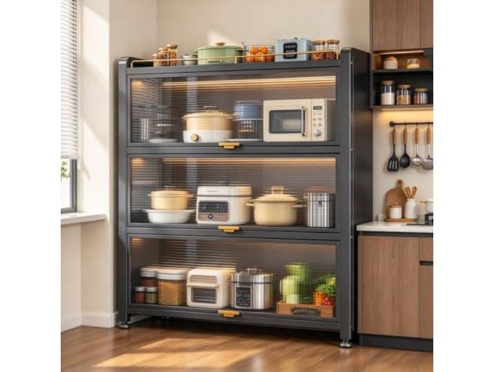 LJWFZBD Küchenschrank mit transparenten Türen, freistehendes Küchenregal Stabiler Metallrahmen, klappbare PC-Türen,platzsparend, Befestigung mit Schrauben(4 Tiers-47.2 W*12.6 D*45.3 H)