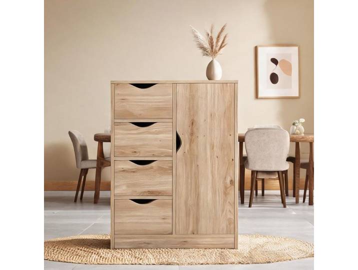 Buffet scandinave 54x29x83 cm en panneaux de particules 1 porte et 4 tiroirs
