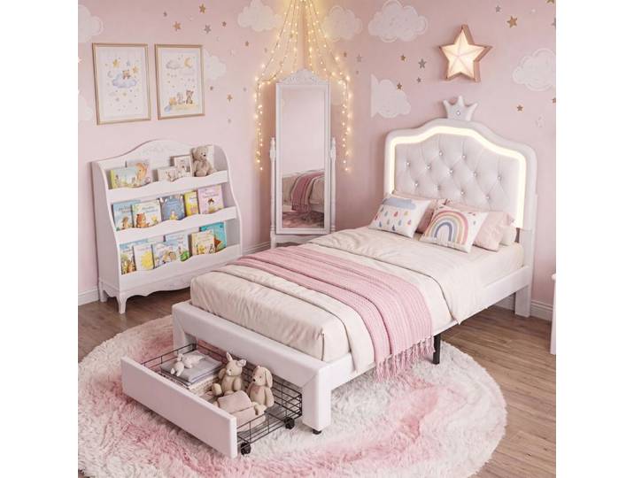 Lit enfant 90x200 cm RWUDV Lit Enfant 90x200 avec Sommier 1 Personne Tiroir de rangement Lit d'enfant pour Fille/Chambre Princesse