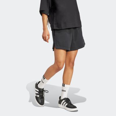 Shorts ADIDAS SPORTSWEAR "SOFT LUX, LOCKER GESCHNITTEN", Damen, Gr. L, N-Gr, schwarz (schwarz, normal, gr.), Obermaterial: 51% Polyester, 25% Modal, 15% Baumwolle, 9% Elasthan, Hosen Shorts, mit Kordelverschluss, aus Polyester, Modal, Baumwolle und...