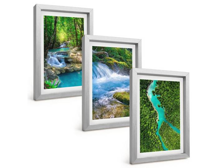 BILDER SET 3er Set - 20x30 cm Silberner Rahmen - Grüne Wälder, kristallklares Wasser