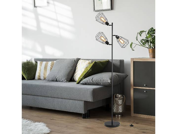 HOMCOM Lampadaire Industriel 3 Ampoules Cage Métal Noir