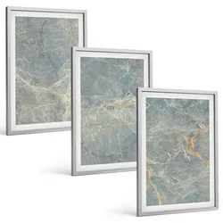 BILDER SET 3er Set - 40x60 cm Silberner Rahmen - Dekorativer Stein aus grünem Marmor