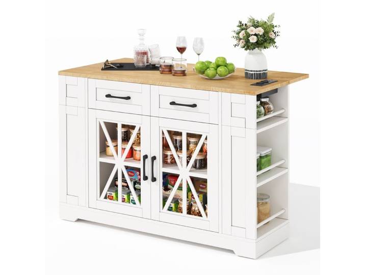 Îlot de Cuisine Moderne avec Rangement Buffet de Cuisine Blanc avec Tiroirs Portes et Étagères Latérales