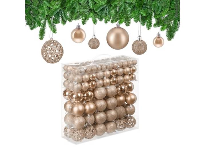 Relaxdays 150x Boules de Noël\, Paillettes\, Mates\, Brillantes\, déco Sapin\, Plastique\, diamètre 3\, 4 et 6 cm\, Champagne