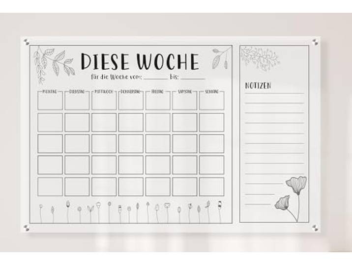 Queence Acrylglas Wochenplaner abwischbar 70x50 cm Wochenplan transparent Geburtstags-Kalender Familienplaner Notizen Terminkalender Wandkalender Monatskalender (PLAN03)