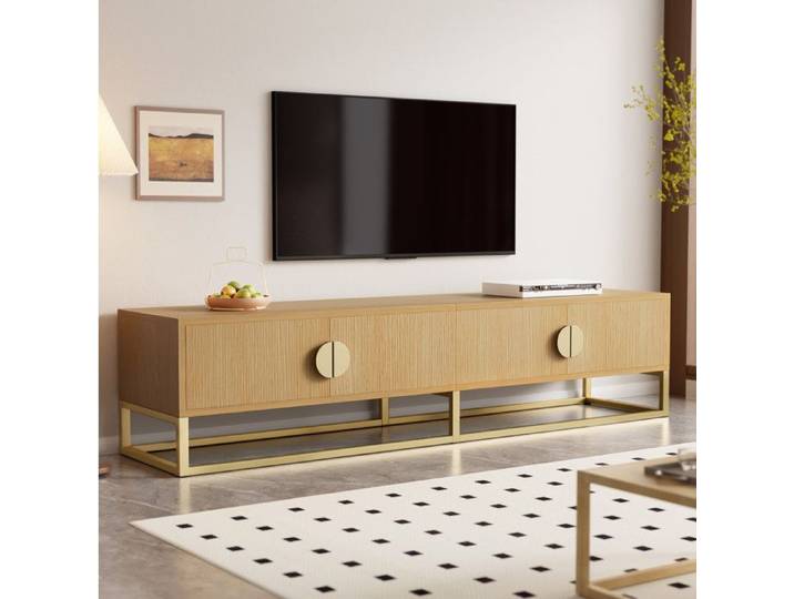 Meuble TV - 4 portes - poignées semi-circulaires - aspect bois - 180x40x40cm