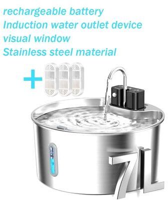 Inspire Select Wireless Rechargeable Stainless Steel Pet Water Fountain With Visual Water Level Window Automatic Cat & Dog Drinking fountain 3 Chips