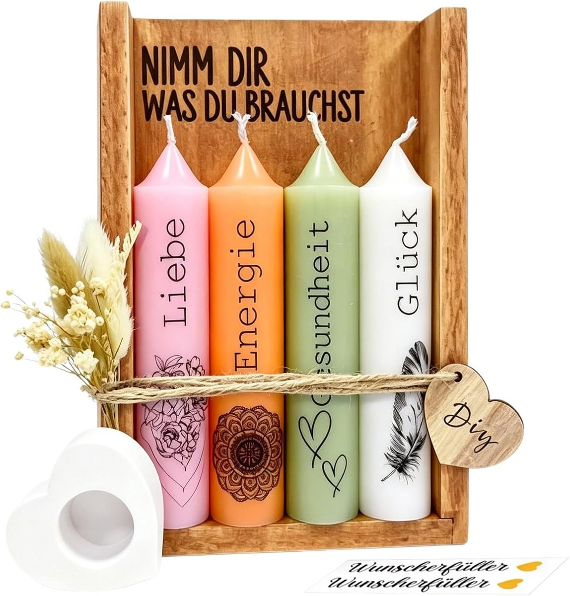 Creatieve kaarsenset met kaarsenhouder en gedroogde bloemen