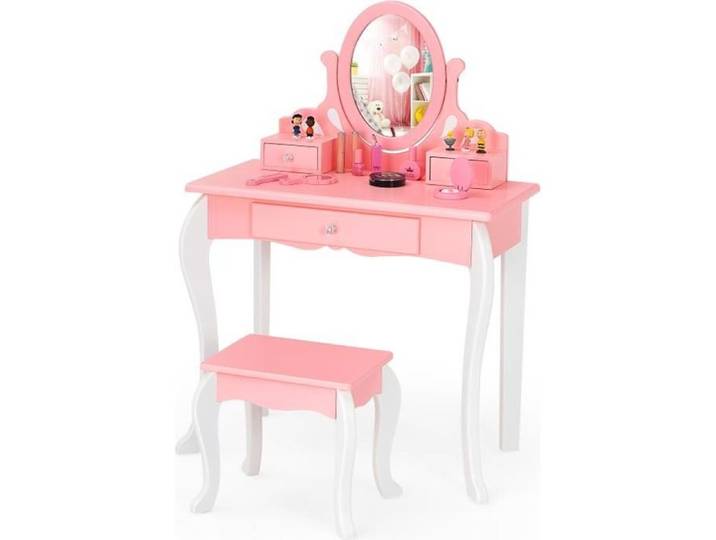 DREAMADE Coiffeuse Enfant 2 en 1 avec Tabouret et Miroir Rotatif Table de Maquillage en Bois avec 3 Tiroirs Style Princesse Rose