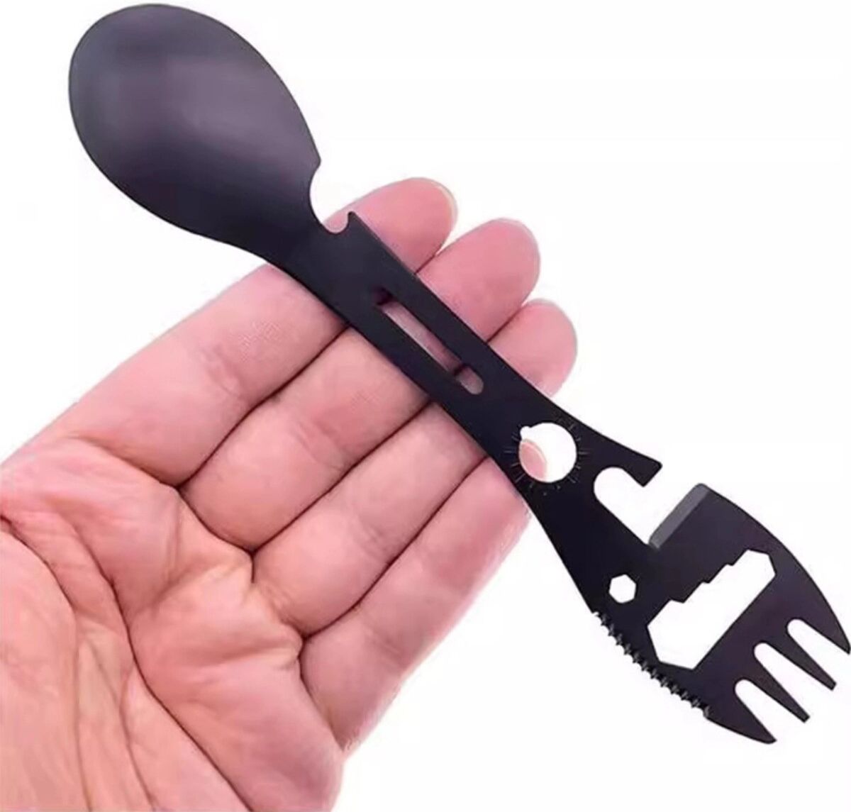 INF 4er-Pack 10-in-1 Edelstahl Multifunktions-Löffel (Spork) mit Flaschenöffner, Sechskantschlüssel und Säge für Camping & Schwarz