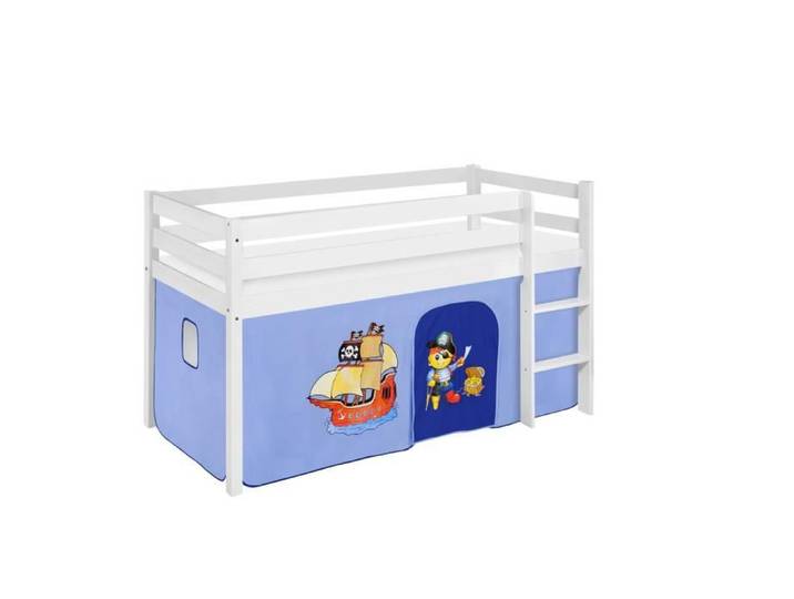Lit surélevé ludique JELLE 90 x 190 cm Pirate bleu - avec rideaux - LILOKIDS - blanc laqué