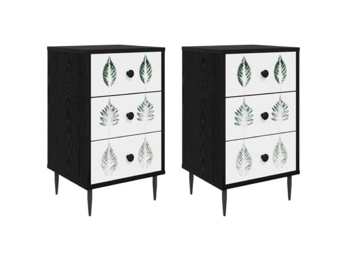Fisinber 2er Set Nachttisch Schwarz Eichen-Optik 36x33x61 cm HANAU Kompakter Nachtschrank fürs Schlafzimmer mit dekorativem Muster, Stahlknöpfen und erhöhten Füßen für optimale Raumnutzung.