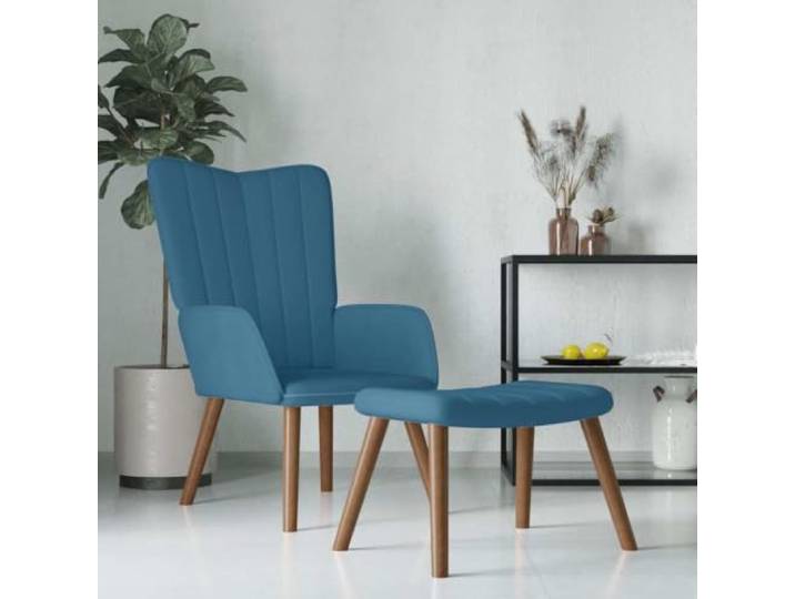 Relaxsessel mit Hocker Blau Samt Schaumstoff-Polsterung,Stahlrahmen,Holzbeine,vertikale Nähte,110 kg pro Sitzplatz
