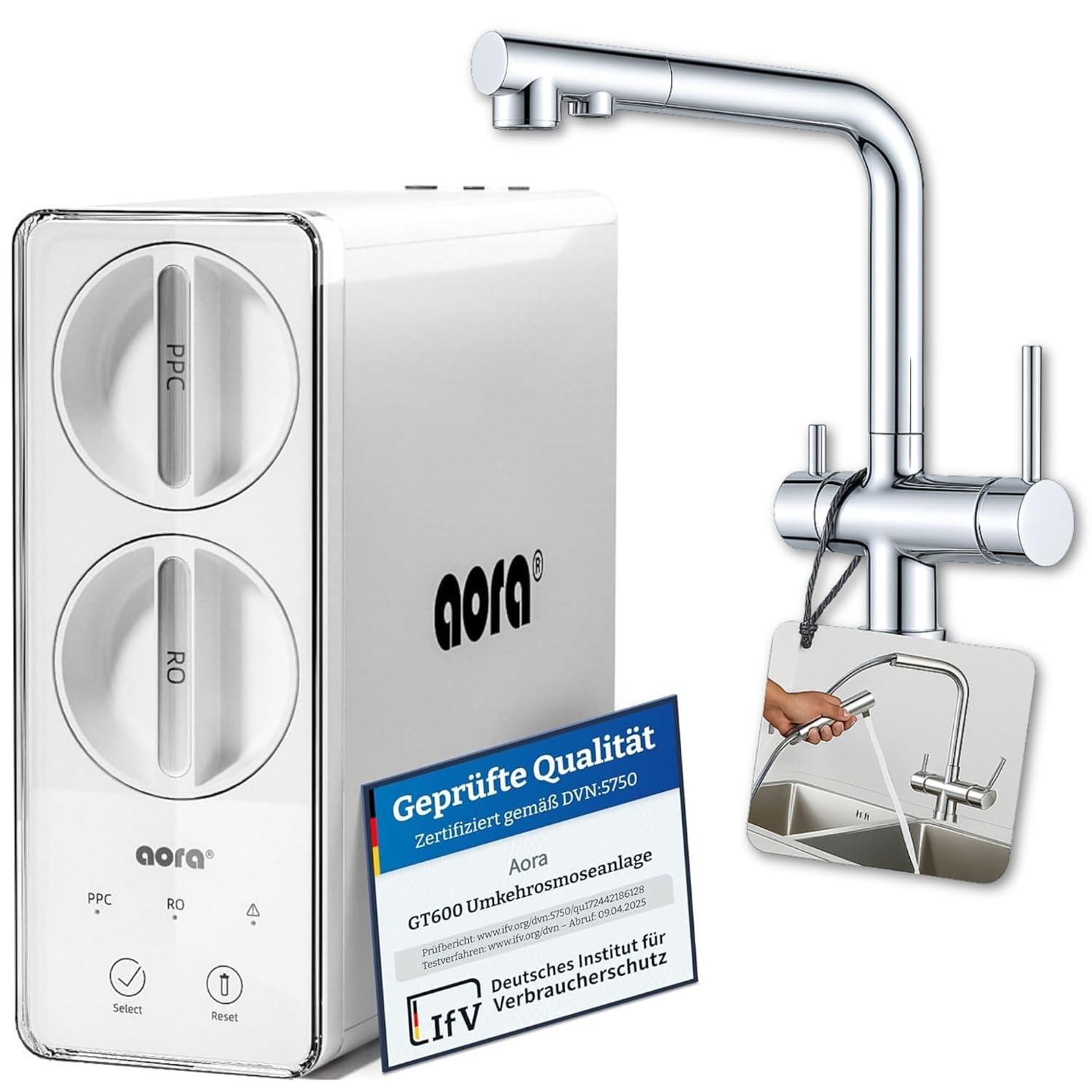 AORA GT600 Umkehrosmoseanlage Untertisch - 8-Stufen-Filtration, 3-Wege-Armatur, Trinkwasserfilter tanklos, Osmoseanlage, RO + LUNA Chrom