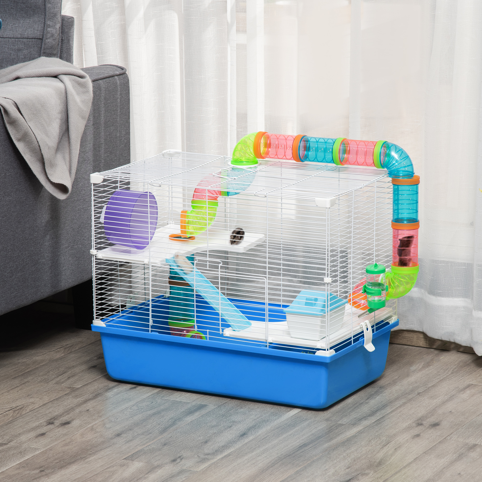 Pawhut Gabbia per Criceti a 3 Livelli con Tunnel, Casetta e Ruota per Criceti, 59x36x47cm, Blu e Bianco
