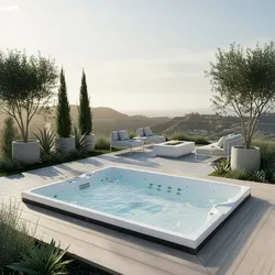 vivo spa® AUREA chill Outdoor Whirlpool – White Satin / Dark Oak / ThermGUARD Abdeckung & DuraStep PRO Treppe black
