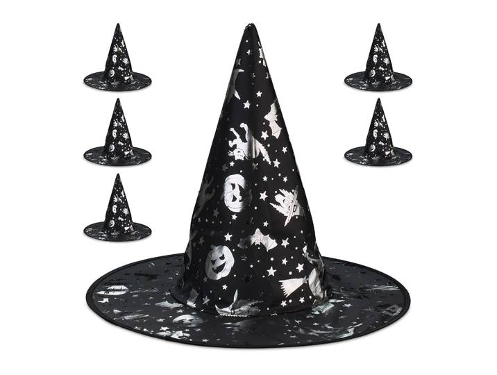 Hexenhut mit Halloween-Motiven 6er-Set Schwarz-Silber